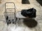 Black cart, metal and glass low patio table, black bag