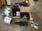 Pallet of misc office supplies with printers, keyboards, Two fans