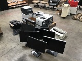 Pallet of computer monitors with hp printers and keyboards