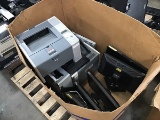 Box of assorted printers with computer monitors, keyboards Hp docking stations