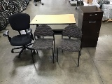 Wood cabinet with table, two lobby chairs and office chair