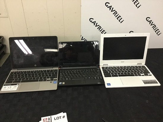 3 laptops, HP, ACER, Possibly locked, no chargers, some scratches