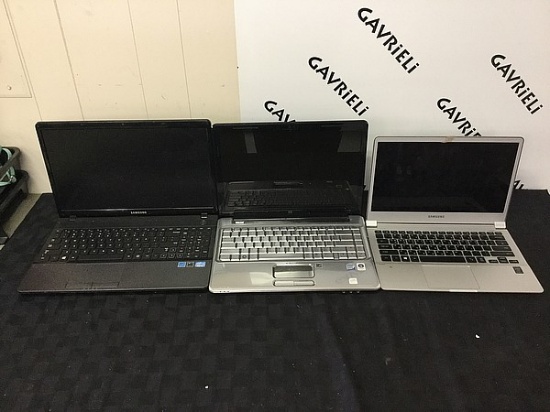 3 laptops,Samsung, HP Possibly locked, no chargers, some scratches