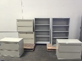 4 metal file cabinets , 2 metal bookshelves