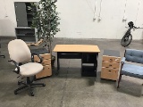 Office desk with two mini file cabinets, two office chairs