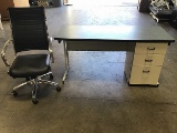 Metal desk with three key drawers (no key) and one office chair