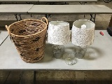 Two glass lamps with shades, wicker storage basket