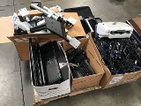 Pallet of computer cables, printer , monitor arms mounts Printers , keyboards, accessories