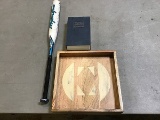 Wooden tray, blue book safe, Easton softball bat