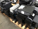 Pallet of assorted electronics Printers, keyboards, cables, monitors, dock stations