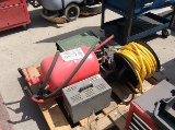 PALLET OF AIR TANK, FUEL CONTAINER, AIR HOSE WITH GUN, BATTERY TESTER