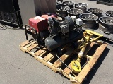 PALLET OF HONDA ES3500 GENERATOR, AIR COMPRESSOR, RHINO HOIST