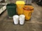 Three trash bins with four small buckets