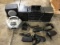 5 small speakers, black radio, grey radio,