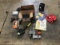 Car CD player, solder iron, folding pruning saw, tripod flashlight, Bag and box of 50 sprinkler pipe