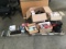 Box of vehicle chargers, box of flex grip headsets, Assorted office supplies