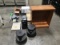 Pallet with paper shredder, bookshelf, step stools, Paper cutter, safe, assorted cameras, microwave