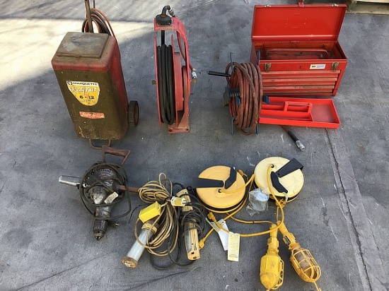 Battery charger,drill,tool box,lights and hose reels with hose