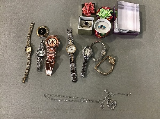 8 watches , necklace, rings