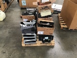 Pallet of miscellaneous electronics (Printers, keyboards, assorted cables, monitors, stands)
