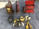 Battery charger,drill,tool box,lights and hose reels with hose