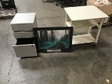 Three drawer wood file cabinet, picture frame, mini desk