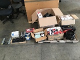 Box of vehicle chargers, box of flex grip headsets, Assorted office supplies