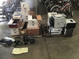 Pallet of printers with pallet of assorted office supplies (Keyboards, Mouses, computer speakers, to