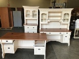 2 wood office desks, one with hutch, 2 drawer cabinet with hutch