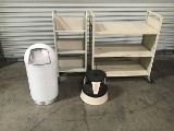 2 metal carts , metal trash can , step stool