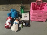 Cart ,stuffed animals ,blanket,pens ,chargers Book,jewelry,sun glasses,phone,sprayer