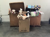 2 boxes of assorted stuffed animals, box of assorted blankets/quilts (Boxes not included)