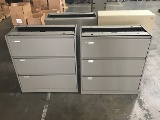 3 three drawer metal file cabinets, metal bookshelf