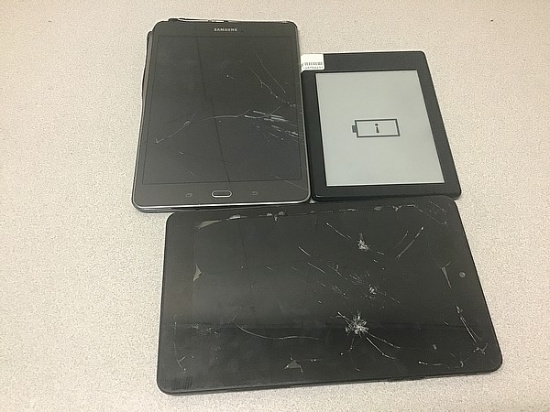 Tablets, possibly locked, no chargers, some damage Samsung, Dell, kindle