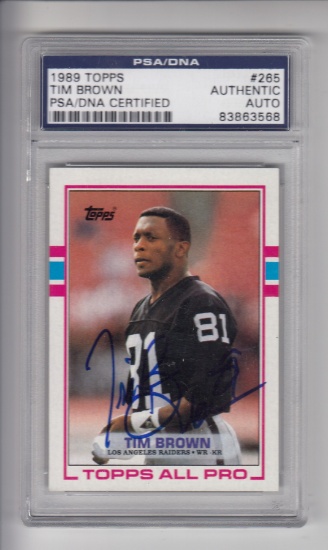 TIM BROWN 1989 TOPPS ROOKIE CARD AUTOGRAPHED. PSA DNA SLABBED