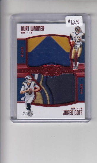 KURT WARNER JARED GOFF 2017 PANINI PLATES & PATCHES DUAL GAME USED JERSEY PATCH