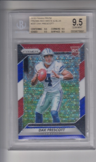 DAK PRESCOTT 2016 PANINI PRIZM RED WHITE AND BLUE REFRACTOR ROOKIE CARD / BECKETT GRADED