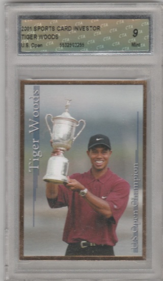 TIGER WOODS 2001 SPORTS CARD INVESTOR ROOKIE CARD US OPEN VICTORY / GRADED