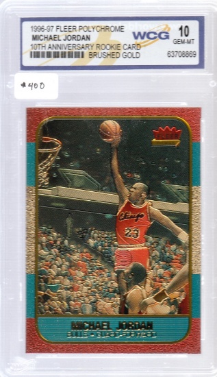 MICHAEL JORDAN 1996/97 FLEER POLYCHROME 10TH ANNIVERSARY BRUSHED GOLD ROOKIE CARD / GRADED