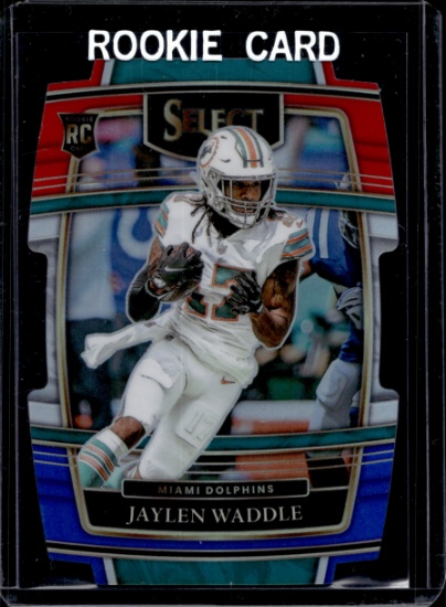 JAYLEN WADDLE 2021 PANINI SELECT RED WHITE AND BLUE PRIZM DIE CUT ROOKIE CARD