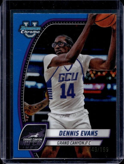 DENNIS EVANS 2024-25 BOWMAN CHROME U BLUE REFRACTOR ROOKIE CARD