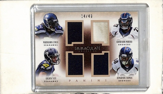 MARSHAWN LYNCH TATE MORENO THOMAS 2014 PANINI IMMACULATE QUAD JERSEY CARD
