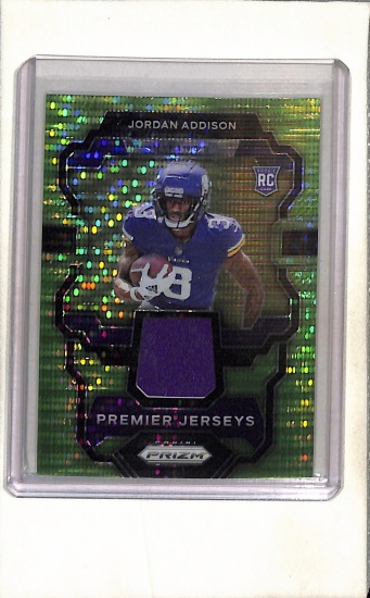 JORDAN ADDISON 2023 PANINI PRIZM NEON GREEN PRIZM JERSEY ROOKIE CARD