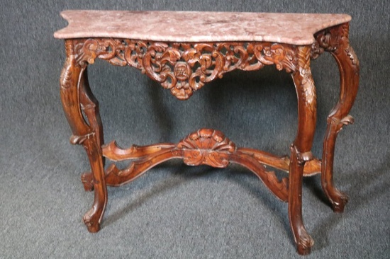 Carved Mahogany Marble Top Side Table