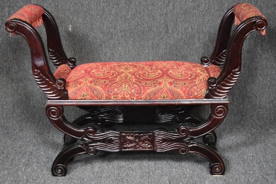 Hand Carved Mahogany Upholstered Arm Bench