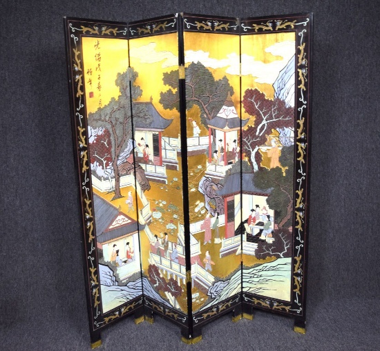 Hand Painted Oriental Four Panel Screen