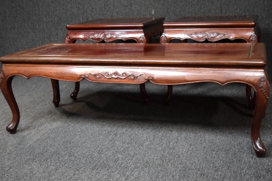 Carved Rosewood Coffee Table W/2 End Tables