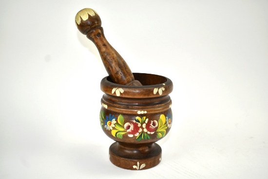 Hand Painted Wooden Mortar And Pestal
