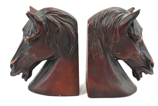 2 Vintage Hand Carved Wooden Horse Book Ends