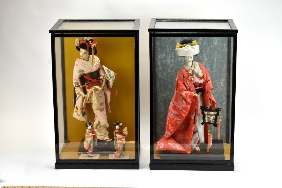 2 Vintage Geisha Dolls With Display Cases